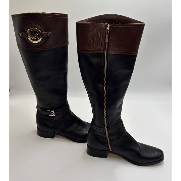Michael Kors · 7M · Tall Riding Boots · Genuine Leather · Black/Brown · Gold MK - Picture 1 of 13